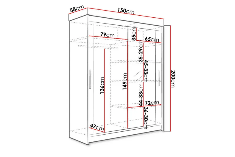 Leila Garderobe 150 cm Skydedøre Spejl - Eg - Opbevaring - Tøjopbevaring - Garderobeskabe