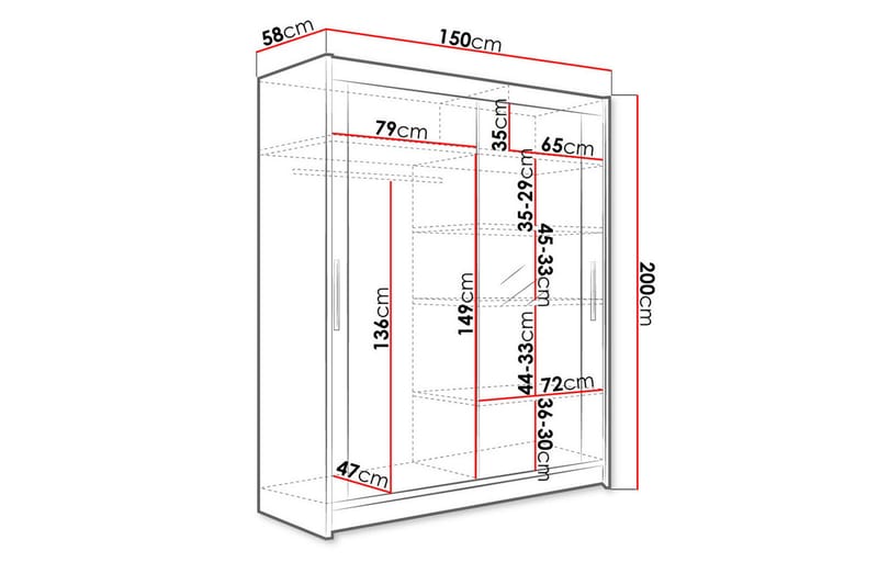 Leila Garderobe 150 cm Skydedøre Spejl - Eg - Garderobeskabe - Garderobeskab & klædeskab