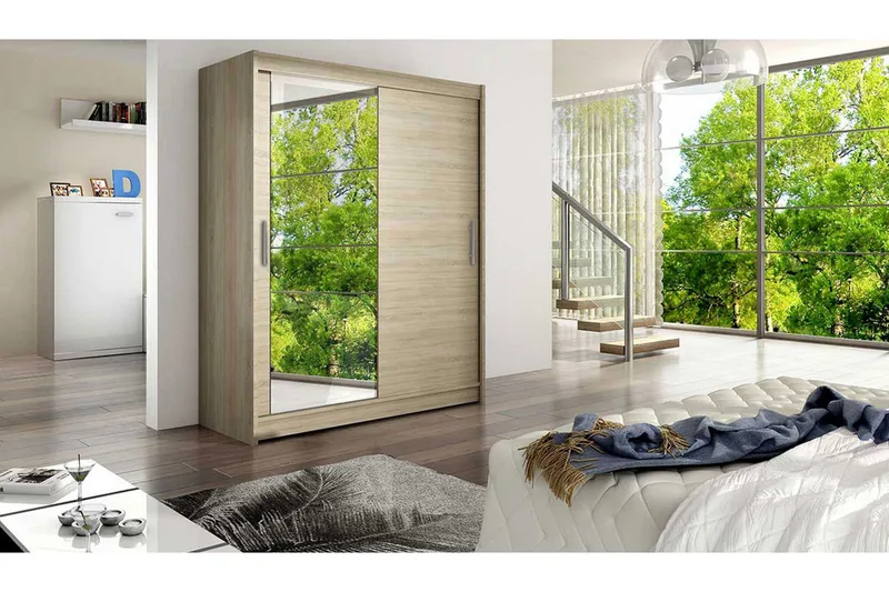 Leila Garderobe 150 cm Skydedøre Spejl - Eg - Opbevaring - Tøjopbevaring - Garderobeskabe