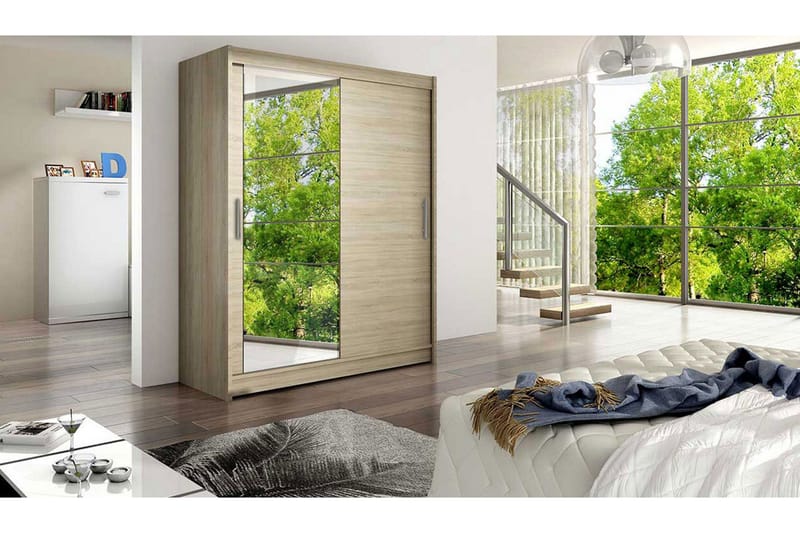 Leila Garderobe 150 cm Skydedøre Spejl - Eg - Opbevaring - Tøjopbevaring - Garderobeskabe