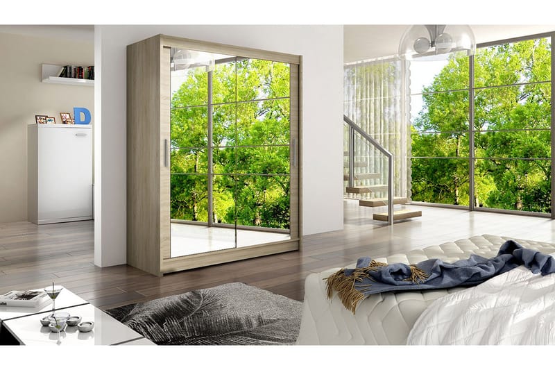 Leila Garderobe 150 cm Skydedøre Spejle - Eg - Opbevaring - Tøjopbevaring - Garderobeskabe