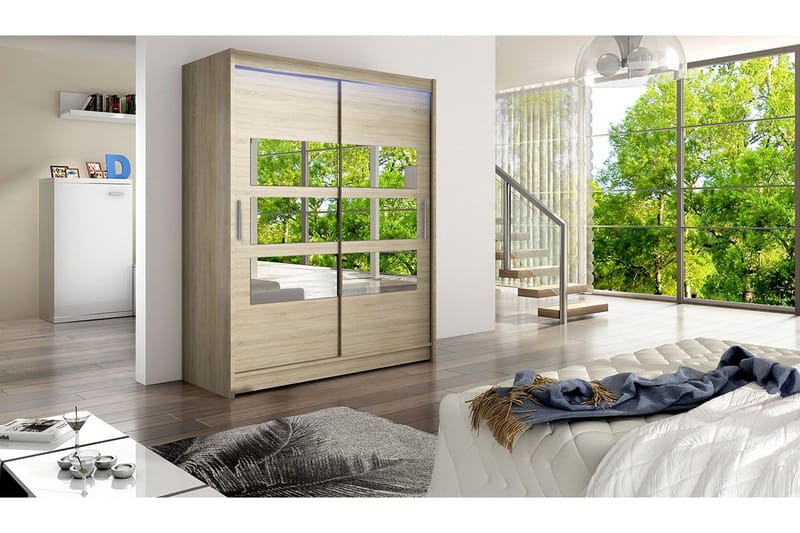 Leila Garderobe med Spejl 150x200 cm - Beige - Opbevaring - Tøjopbevaring - Garderobeskabe