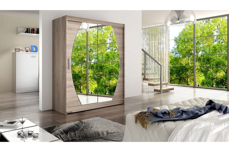 Leila Garderobe Skydedøre Rund Spejl - Eg - Opbevaring - Tøjopbevaring - Garderobeskabe