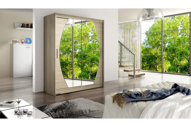 Leila Garderobe Skydedøre Rund Spejl - Lys Eg - Opbevaring - Tøjopbevaring - Garderobeskabe