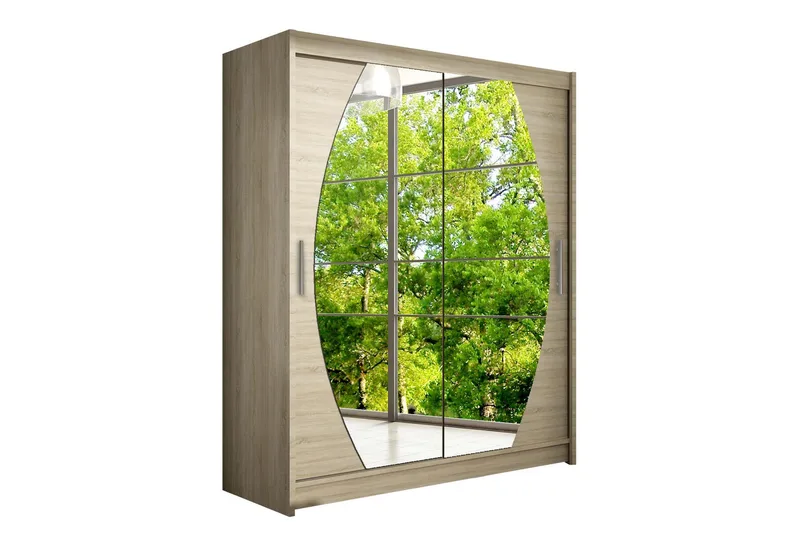 Leila Garderobe Skydedøre Rund Spejl, Lys Eg