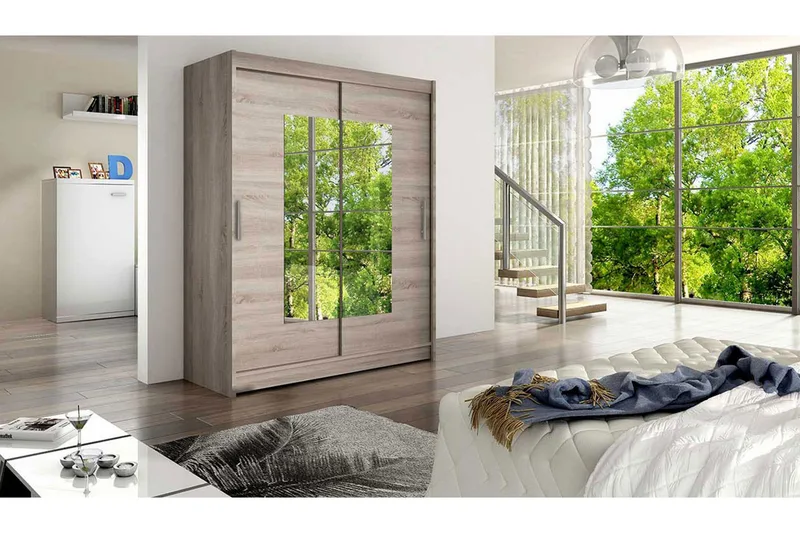 Leila Garderobe Skydedøre Smal Firkantet Spejl - Eg - Opbevaring - Tøjopbevaring - Garderobeskabe