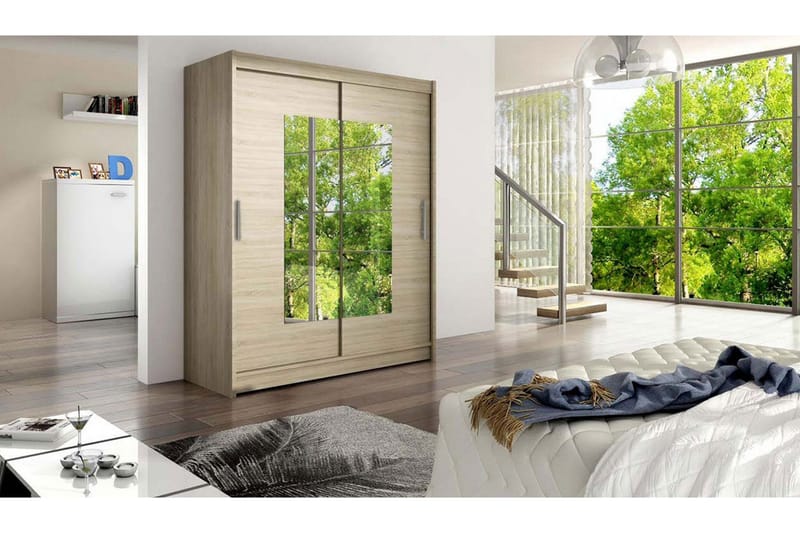 Leila Garderobe Skydedøre Smal Firkantet Spejl - Lys Eg - Opbevaring - Tøjopbevaring - Garderobeskabe