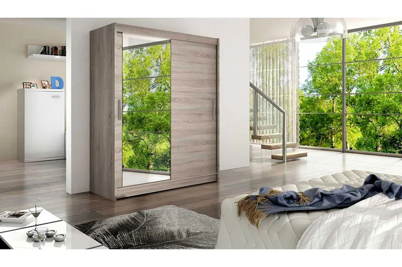 Leila Garderobe Skydedøre Spejl - Træ/natur - Opbevaring - Tøjopbevaring - Garderobeskabe