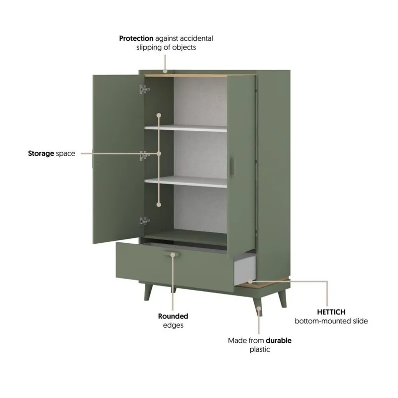 Linnedskab Scandi 2 døre 1 skuffe - Falmet grøn - Oliebehandlet eg - Opbevaring - Tøjopbevaring - Garderobeskabe - Garderobeskab & klædeskab