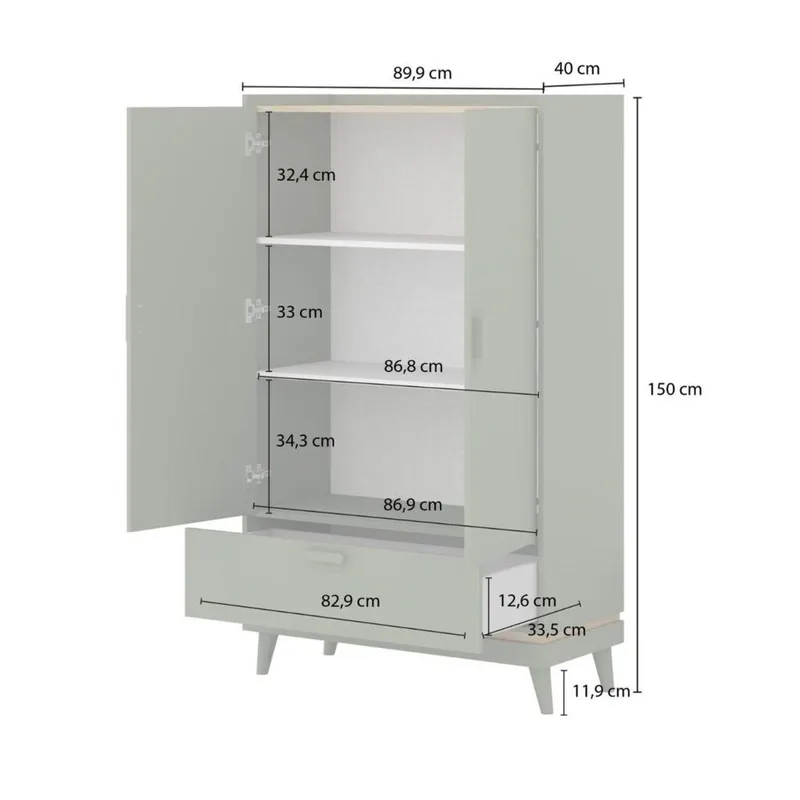 Linnedskab Scandi 2 døre 1 skuffe - Falmet grøn - Oliebehandlet eg - Opbevaring - Tøjopbevaring - Garderobeskabe - Garderobeskab & klædeskab