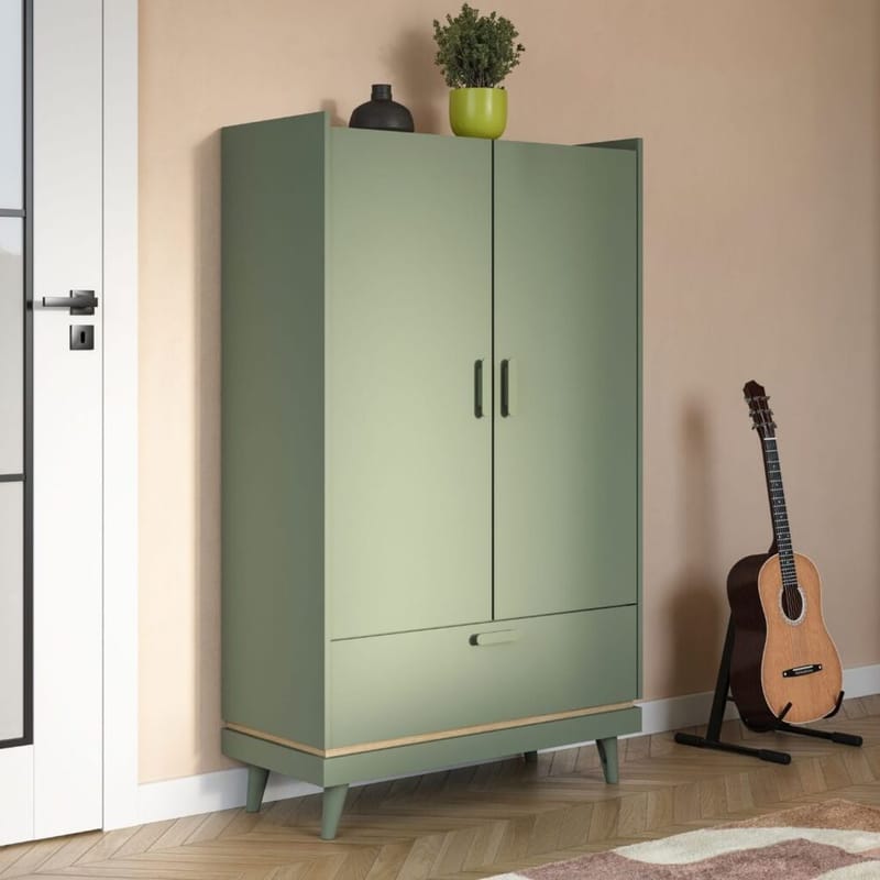 Linnedskab Scandi 2 døre 1 skuffe - Falmet grøn - Oliebehandlet eg - Opbevaring - Tøjopbevaring - Garderobeskabe - Garderobeskab & klædeskab