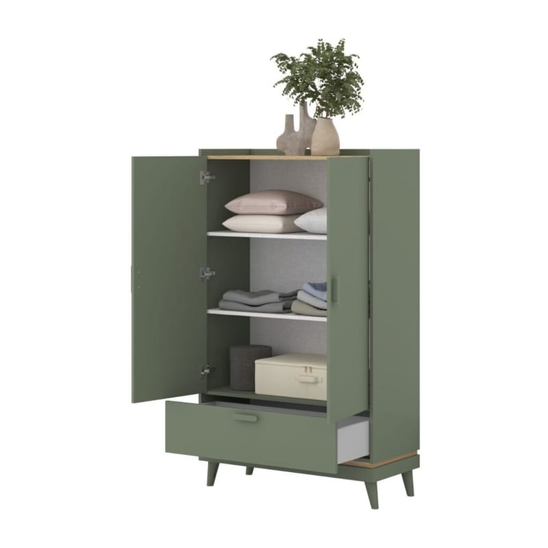 Linnedskab Scandi 2 døre 1 skuffe - Falmet grøn - Oliebehandlet eg - Opbevaring - T øjopbevaring - Garderobeskabe - Garderobeskab & klædeskab