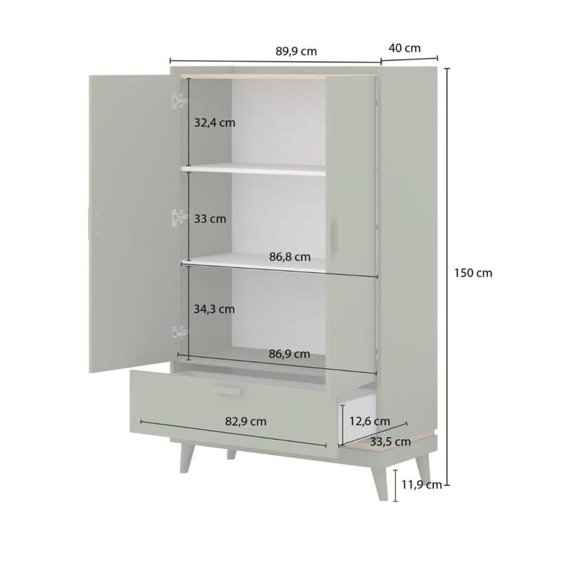 Linnedskab Scandi 2 døre 1 skuffe - Falmet grøn - Oliebehandlet eg - Opbevaring - Tøjopbevaring - Garderobeskabe - Garderobeskab & klædeskab
