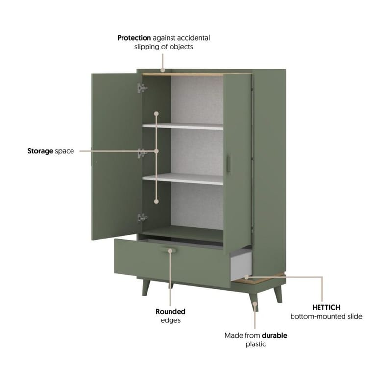 Linnedskab Scandi 2 døre 1 skuffe - Falmet grøn - Oliebehandlet eg - Opbevaring - Tøjopbevaring - Garderobeskabe - Garderobeskab & klædeskab