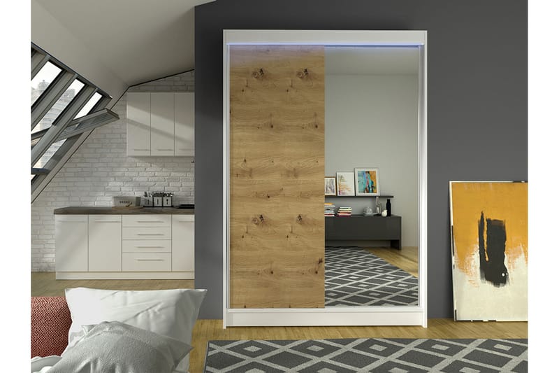 Liverpool Garderobe Med Spejl 120x200 cm - Hvid/Brun - Opbevaring - Tøjopbevaring - Garderobeskabe