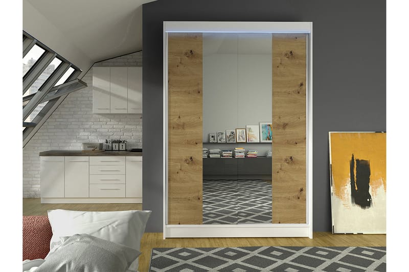 Liverpool Garderobe Med Spejl 120x200 cm - Hvid/Brun - Opbevaring - Tøjopbevaring - Garderobeskabe