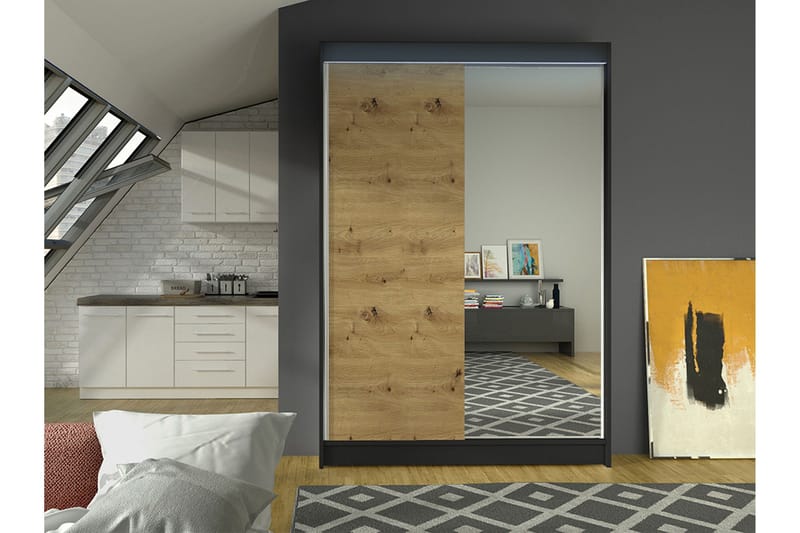 Liverpool Garderobe Med Spejl 120x200 cm - Sort/Brun - Opbevaring - Tøjopbevaring - Garderobeskabe