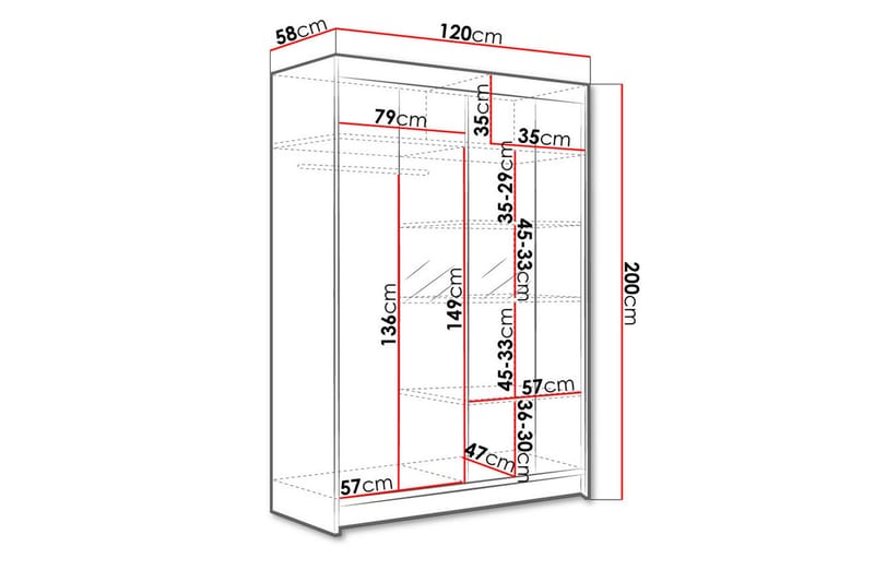 Liverpool Garderobe med Spejl 120x200 cm - Sort/Hvid - Opbevaring - Tøjopbevaring - Garderobeskabe