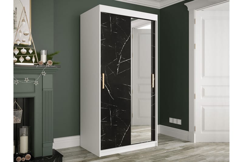 Marmuria Garderobe med Spejl 100 cm Marmormønster - Hvid/Sort/Guld - Opbevaring - Tøjopbevaring - Garderobeskabe