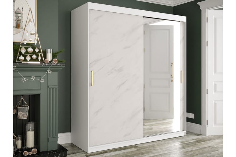 Marmuria Garderobe med Spejl 180 cm Marmormønster - Hvid/Guld - Opbevaring - Tøjopbevaring - Garderobeskabe