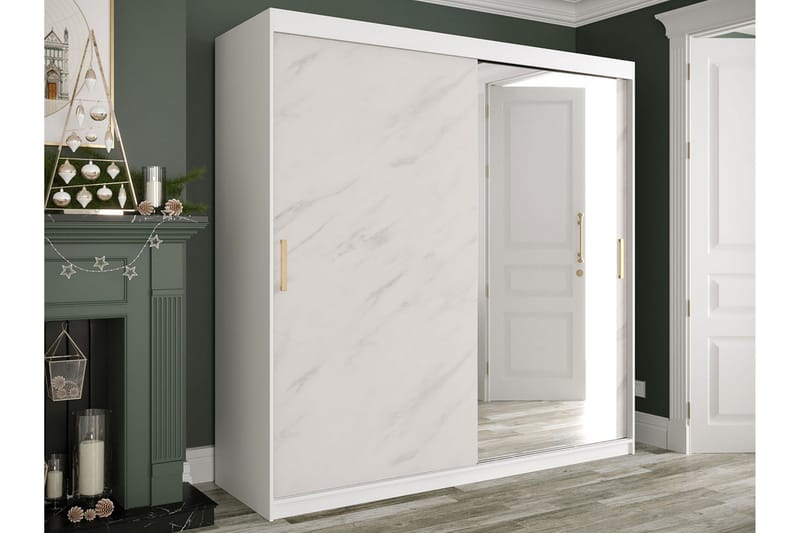 Marmuria Garderobe med Spejl 200 cm Marmormønster - Hvid/Guld - Opbevaring - Tøjopbevaring - Garderobeskabe
