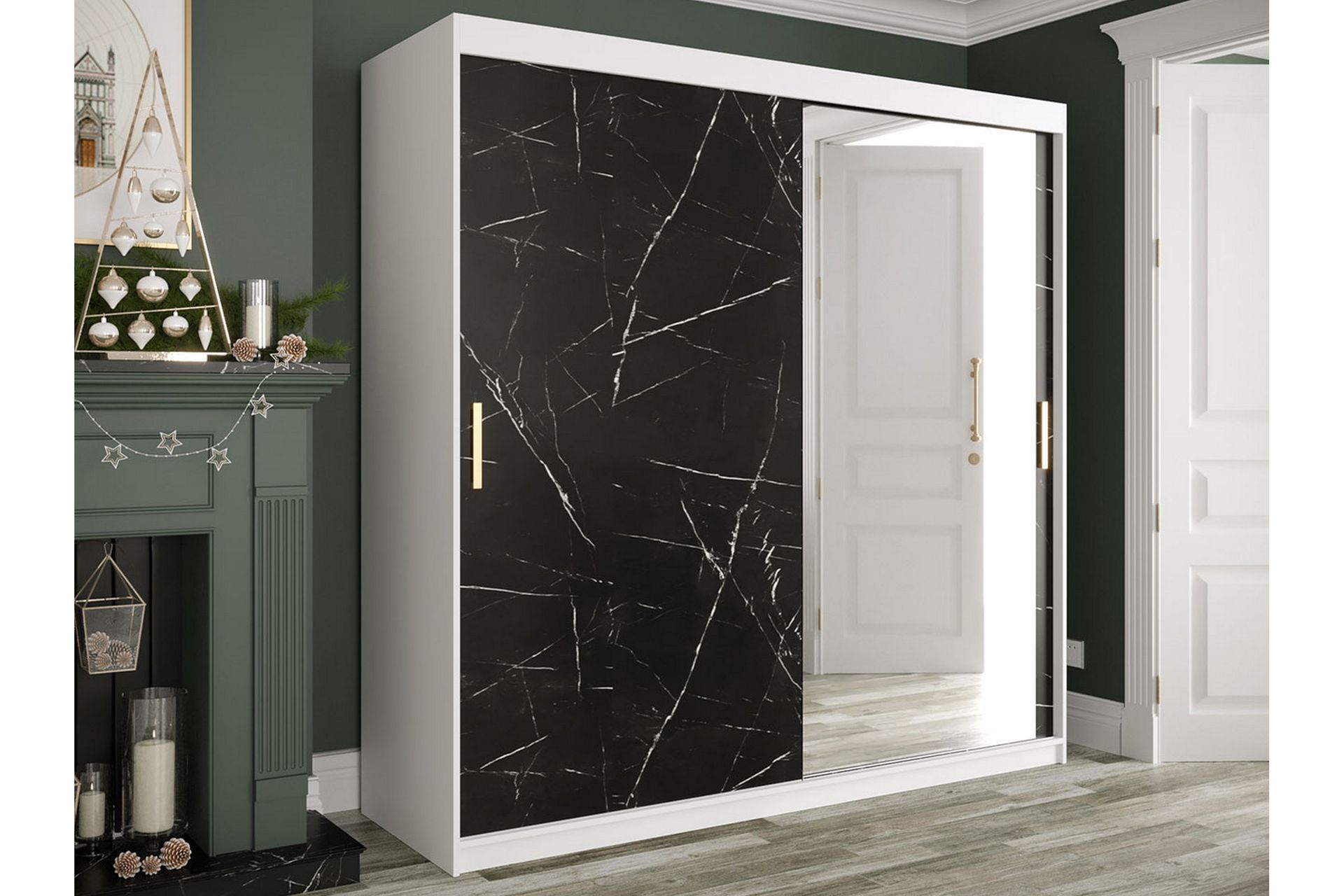 Marmuria Garderobe med Spejl 200 cm Marmormønster - Hvid/Sort/Guld - Opbevaring - Tøjopbevaring - Garderobeskabe