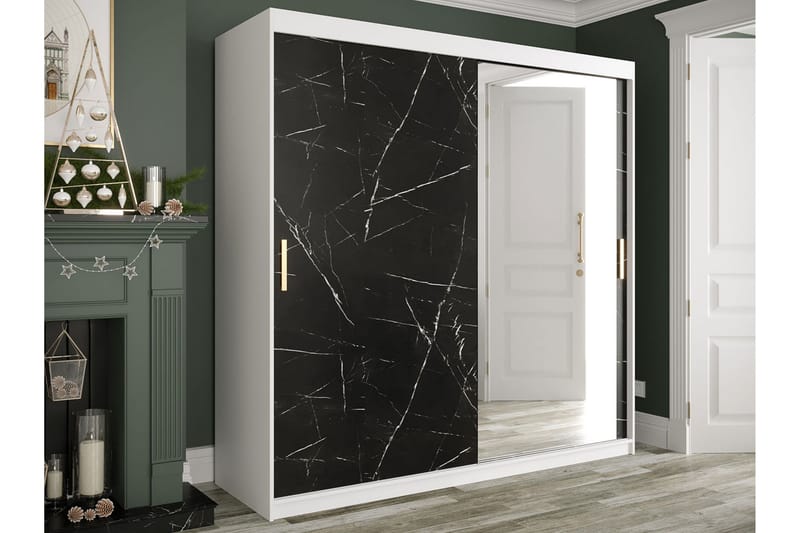 Marmuria Garderobe med Spejl 200 cm Marmormønster - Hvid/Sort/Guld - Opbevaring - Tøjopbevaring - Garderobeskabe