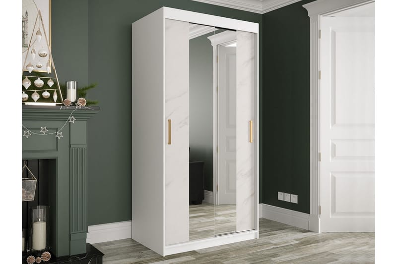 Marmuria Garderobe med Spejle Kant 100 cm Marmormønster - Hvid/Guld - Opbevaring - Tøjopbevaring - Garderobeskabe