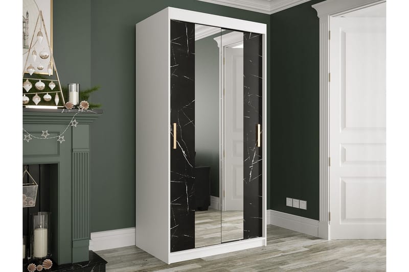 Marmuria Garderobe med Spejle Kant 100 cm Marmormønster - Hvid/Sort/Guld - Opbevaring - Tøjopbevaring - Garderobeskabe