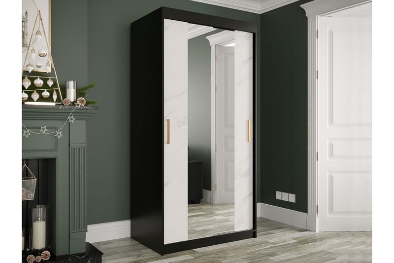 Marmuria Garderobe med Spejle Kant 100 cm Marmormønster - Sort/Hvid/Guld - Opbevaring - Tøjopbevaring - Garderobeskabe