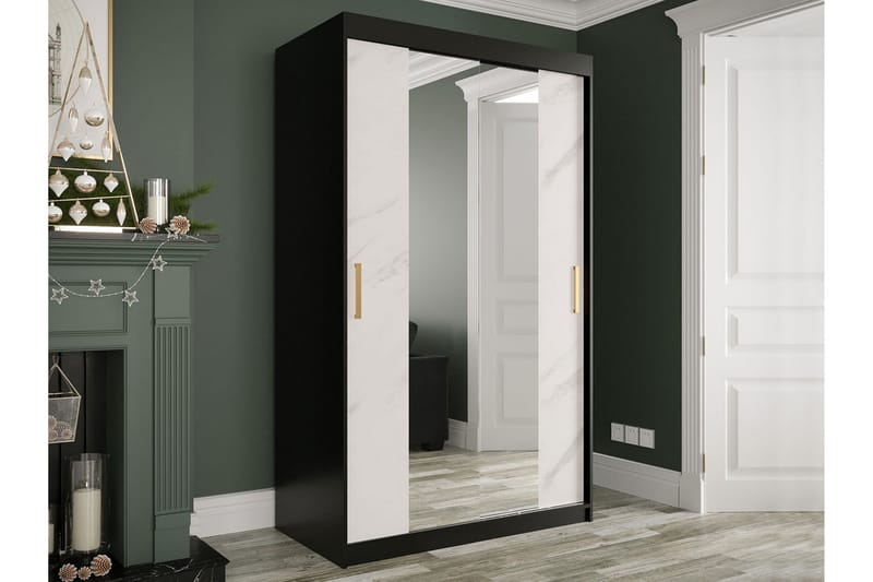 Marmuria Garderobe med Spejle Kant 120 cm Marmormønster - Sort/Hvid/Guld - Opbevaring - Tøjopbevaring - Garderobeskabe