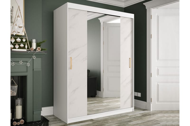 Marmuria Garderobe med Spejle Kant 150 cm Marmormønster - Hvid/Guld - Opbevaring - Tøjopbevaring - Garderobeskabe