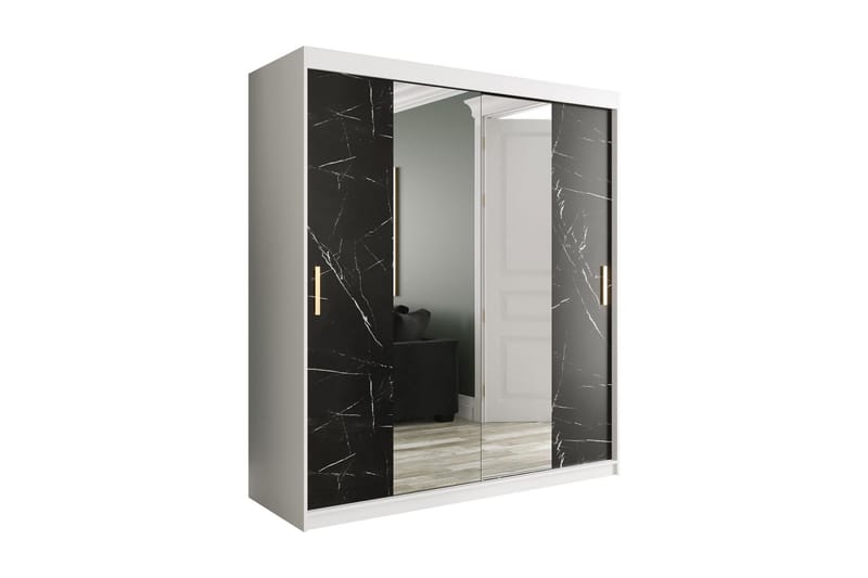 Marmuria Garderobe med Spejle Kant 180 cm Marmormønster - Hvid/Sort/Guld - Opbevaring - Tøjopbevaring - Garderobeskabe