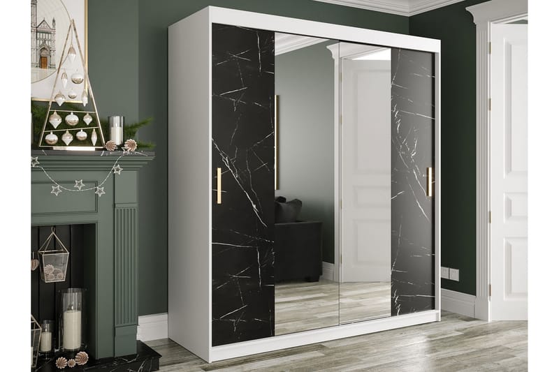 Marmuria Garderobe med Spejle Kant 180 cm Marmormønster - Hvid/Sort/Guld - Opbevaring - Tøjopbevaring - Garderobeskabe