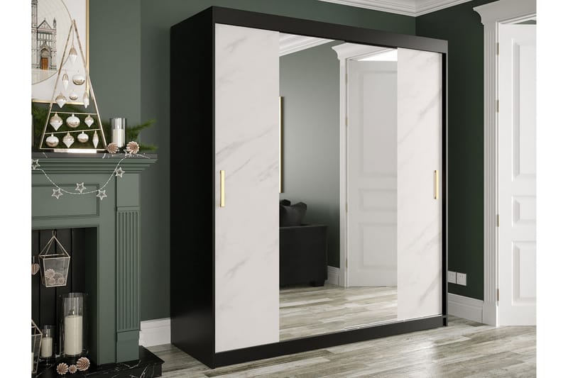 Marmuria Garderobe med Spejle Kant 180 cm Marmormønster - Sort/Hvid/Guld - Opbevaring - Tøjopbevaring - Garderobeskabe