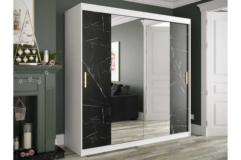 Marmuria Garderobe med Spejle Kant 200 cm Marmormønster - Hvid/Sort/Guld - Opbevaring - Tøjopbevaring - Garderobeskabe