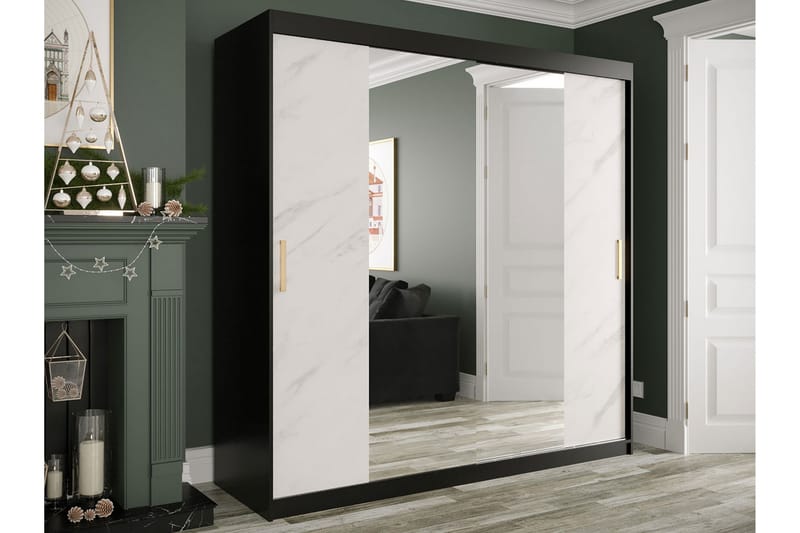 Marmuria Garderobe med Spejle Kant 200 cm Marmormønster - Sort/Hvid/Guld - Opbevaring - Tøjopbevaring - Garderobeskabe