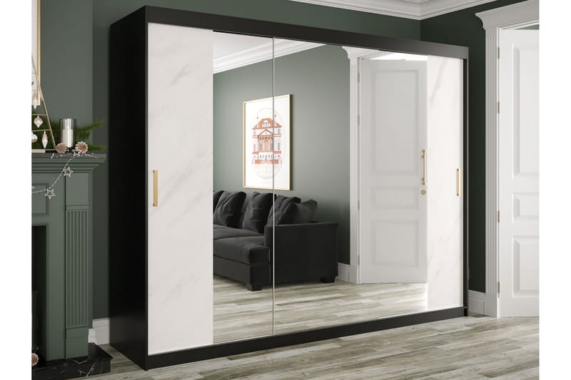 Marmuria Garderobe med Spejle Kant 250 cm Marmormønster - Hvid/Guld - Opbevaring - Tøjopbevaring - Garderobeskabe