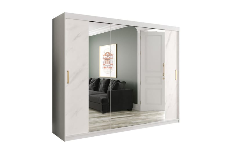 Marmuria Garderobe med Spejle Kant 250 cm Marmormønster - Hvid/Sort/Guld - Opbevaring - Tøjopbevaring - Garderobeskabe
