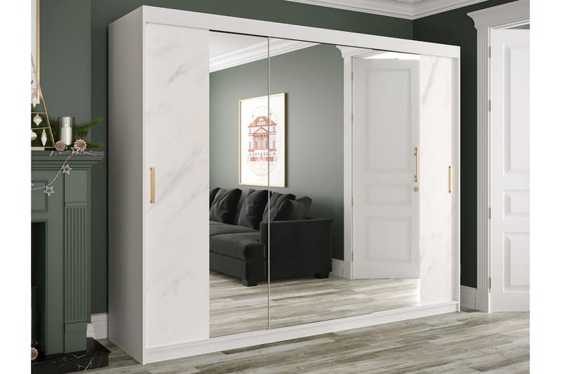Marmuria Garderobe med Spejle Kant 250 cm Marmormønster - Hvid/Sort/Guld - Opbevaring - Tøjopbevaring - Garderobeskabe