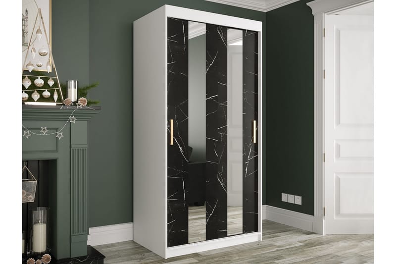 Marmuria Garderobe med Spejle Midt 100 cm Marmormønster - Hvid/Sort/Guld - Opbevaring - Tøjopbevaring - Garderobeskabe