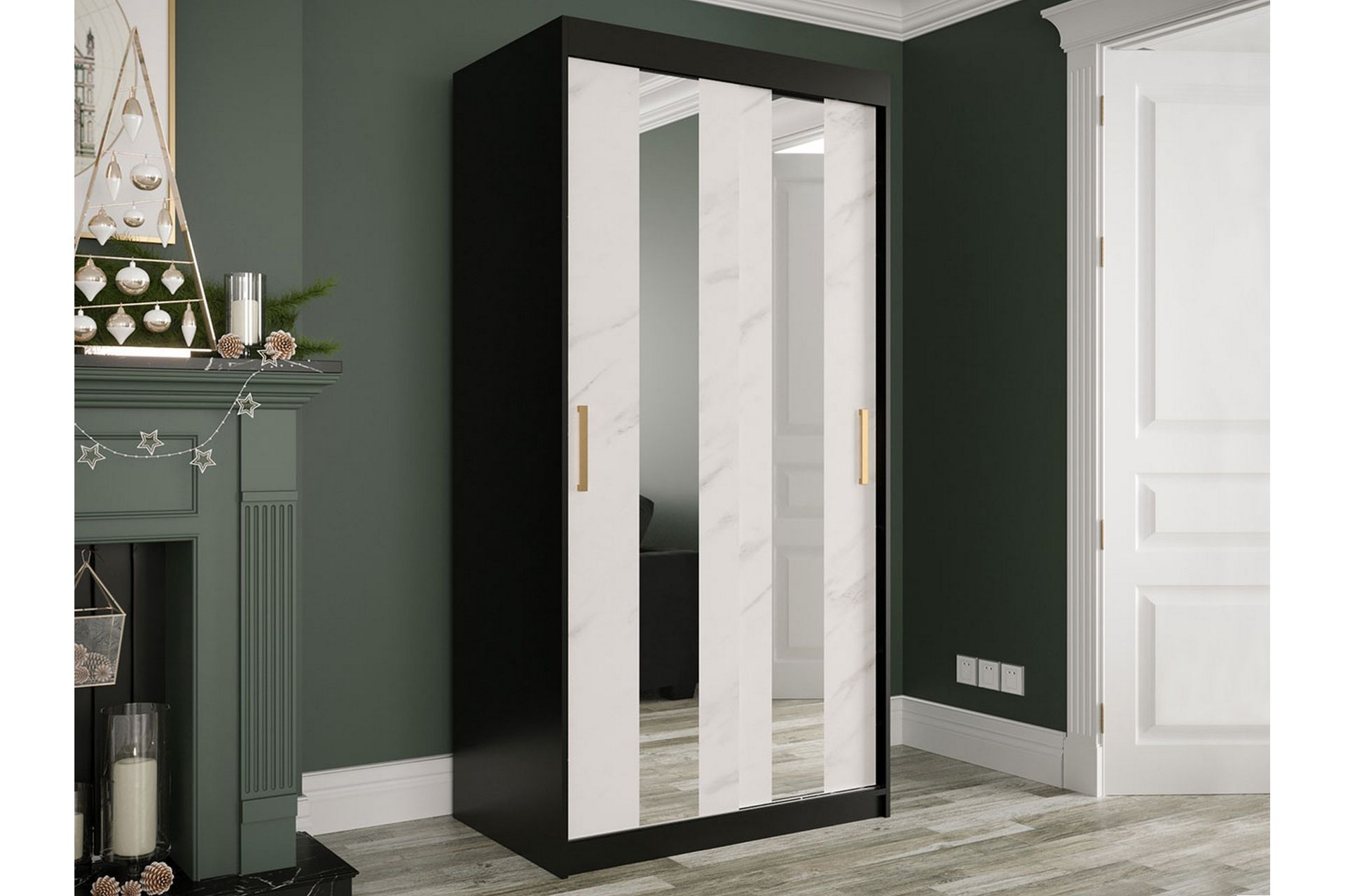 Marmuria Garderobe med Spejle Midt 100 cm Marmormønster - Sort/Hvid/Guld - Opbevaring - Tøjopbevaring - Garderobeskabe