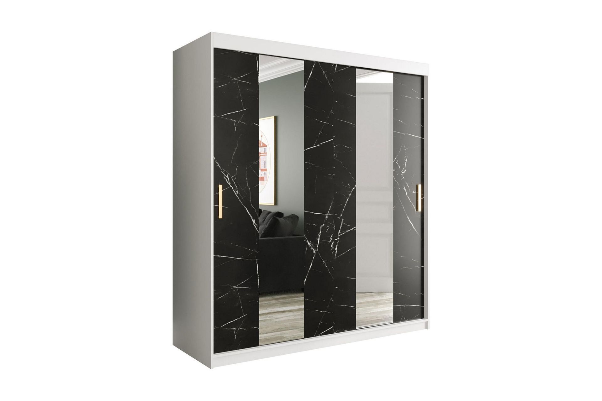 Marmuria Garderobe med Spejle Midt 180 cm Marmormønster - Hvid/Sort/Guld - Opbevaring - Tøjopbevaring - Garderobeskabe