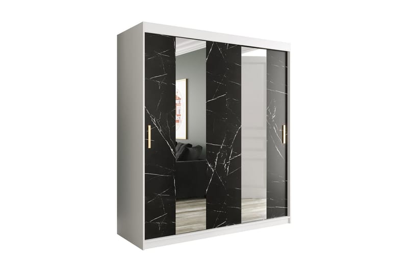 Marmuria Garderobe med Spejle Midt 180 cm Marmormønster - Hvid/Sort/Guld - Opbevaring - Tøjopbevaring - Garderobeskabe