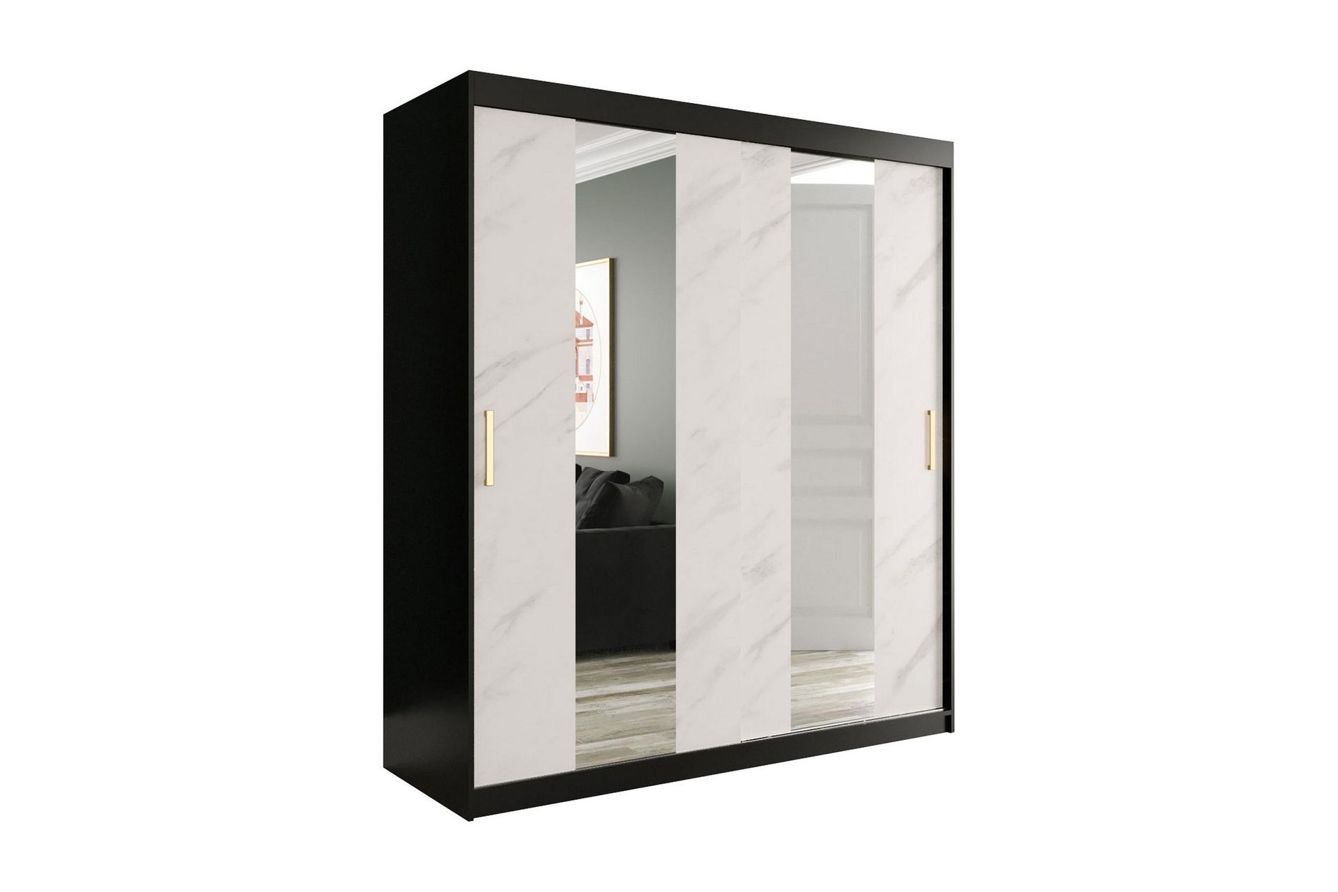 Marmuria Garderobe med Spejle Midt 180 cm Marmormønster - Sort/Hvid/Guld - Opbevaring - Tøjopbevaring - Garderobeskabe