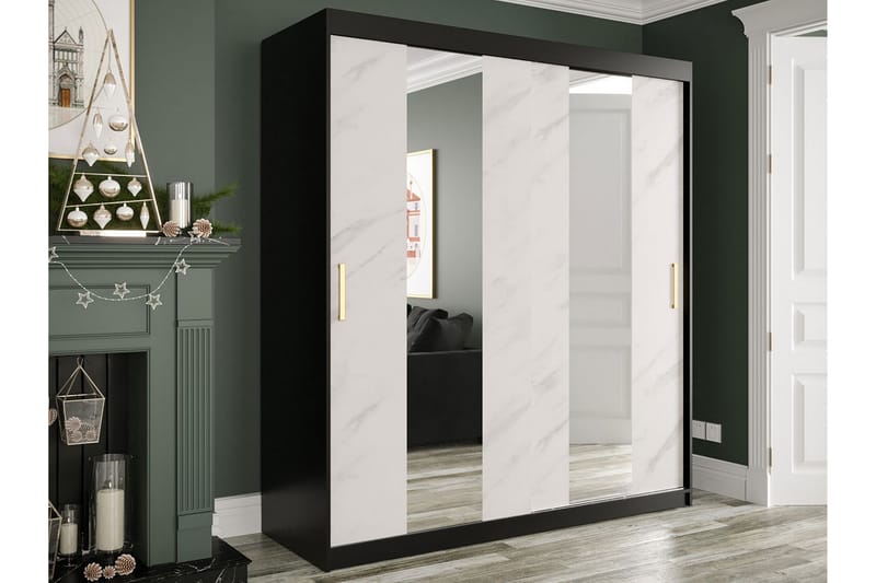 Marmuria Garderobe med Spejle Midt 180 cm Marmormønster - Sort/Hvid/Guld - Opbevaring - Tøjopbevaring - Garderobeskabe