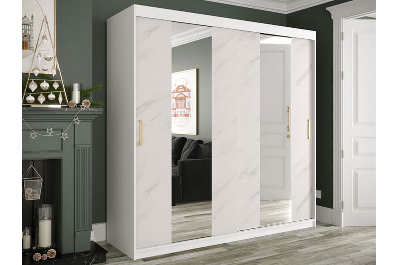 Marmuria Garderobe med Spejle Midt 200 cm Marmormønster - Hvid/Guld - Opbevaring - Tøjopbevaring - Garderobeskabe
