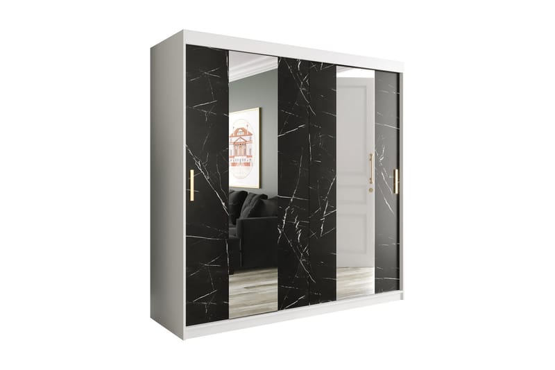 Marmuria Garderobe med Spejle Midt 200 cm Marmormønster - Hvid/Sort/Guld - Garderobeskabe - Garderobeskab & klædeskab