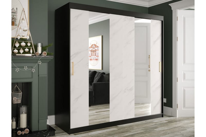 Marmuria Garderobe med Spejle Midt 200 cm Marmormønster - Sort/Hvid/Guld - Opbevaring - Tøjopbevaring - Garderobeskabe