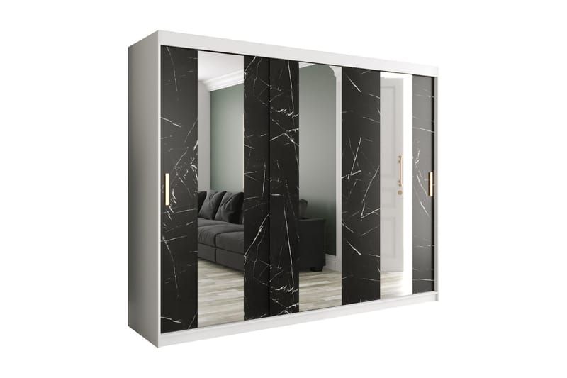 Marmuria Garderobe med Spejle Midt 250 cm Marmormønster - Hvid/Sort/Guld - Opbevaring - Tøjopbevaring - Garderobeskabe